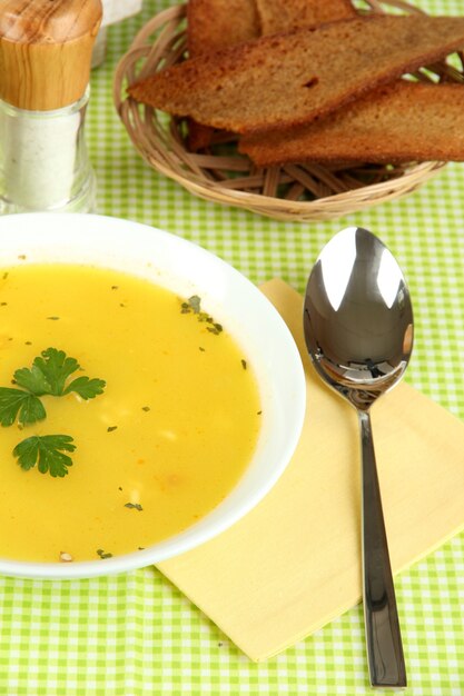 Sopa fragante en plato blanco sobre mantel verde