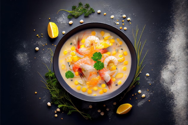 Sopa fresca de cangrejo con gambas y maíz sobre hormigón