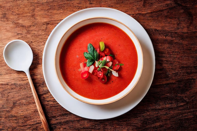 Sopa fresca de gaspacho refrigerada derramada em pratos brancos profundos na mesa