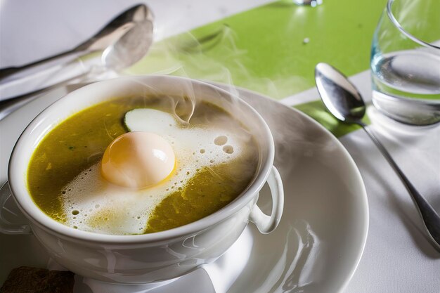 Foto sopa fresca con huevo hervido una mesa