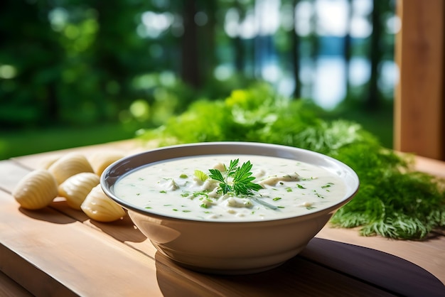 Sopa fresca y sabrosa en un fondo de madera Sopa fresca y sabrosa