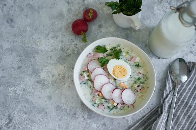 Sopa fria de okroshka russa tradicional servida em um prato com ervas e ovo Sopa de vegetais Kefir