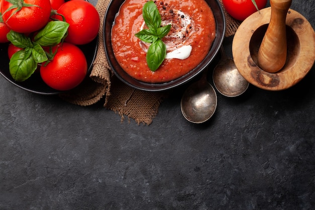 Sopa fría de gazpacho con tomates frescos de la huerta