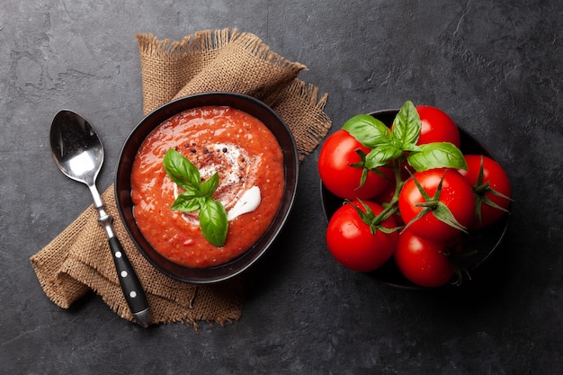 Sopa fría de gazpacho con tomates frescos de la huerta