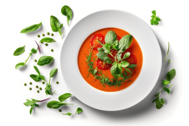 Sopa fría de gazpacho con tomates maduros, pepino y albahaca Aislado sobre fondo blanco Vista superior plana Generación AI