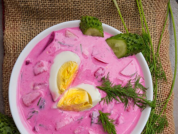 Sopa fría de remolacha con huevo tradicional bielorrusa letón lituano polaco ruso y ucraniano sopa hecha con acelga o remolacha pepino rábanos crema agria leche agria o yogur