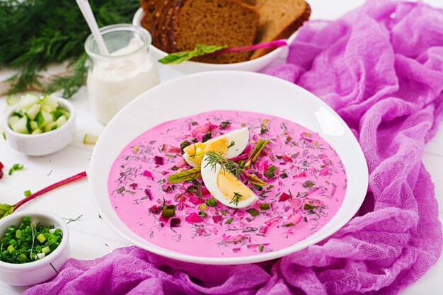 Sopa fría de remolacha (remolacha) sobre yogurt con huevo, cebolla y pepinos.