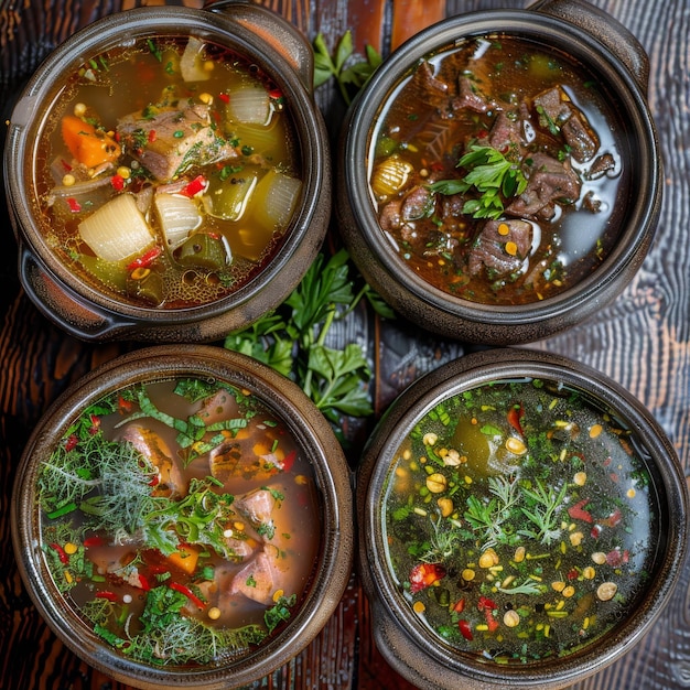 Foto sopa fría y sopa de carne caliente con verduras y hierbas okroshka caldo de carne o caldo de carne