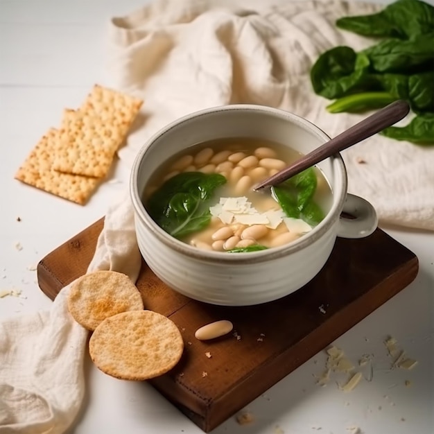 Sopa de frijoles blancos de alto ángulo con galletas