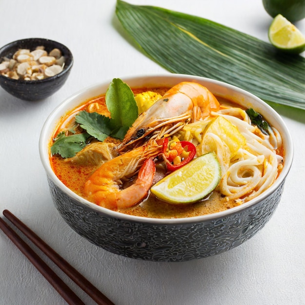 Sopa de gambas Laksa sopa de gambas Laksa en fondo negro vista superior espacio de copia comida asiática de Malasia