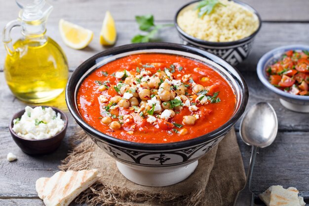 Foto sopa de garbanzos plato marroquí mesa de madera