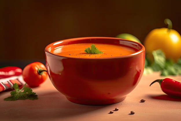 Sopa de gazpacho español tradicional en un tazón con ingredientes en la mesa de madera Ai generativo