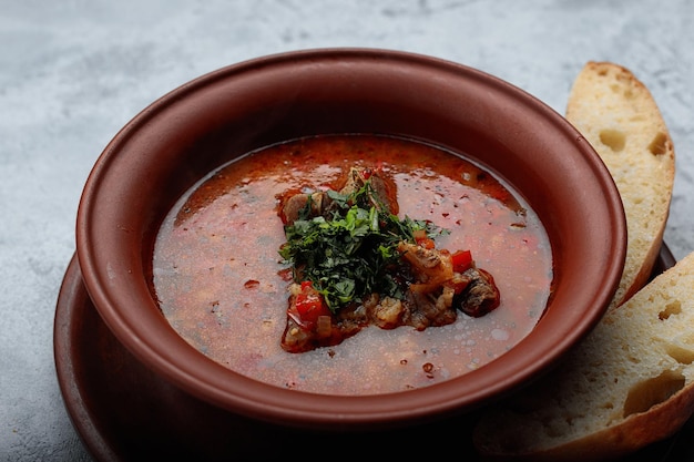 Sopa georgiana Kharcho con carne en un plato