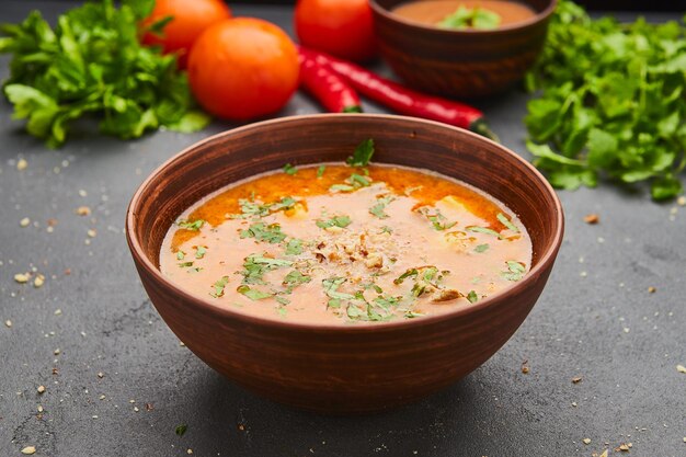 Sopa georgiana tradicional Kharcho com carne e arroz em fundo de pedra escuro