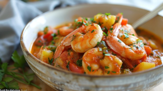 Foto sopa gruesa de tomate bouillabaisse con mejillones de camarón y filetes de pescado en un cuenco de cerámica provenzal