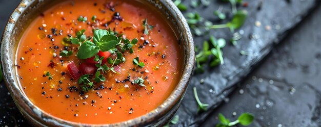 Sopa con guarnición de microgreens servida en un cuenco de cerámica hecho a mano para una deliciosa experiencia culinaria Concepto Presentación de alimentos Arte culinario Cerámica casera Microgreens Comida deliciosa