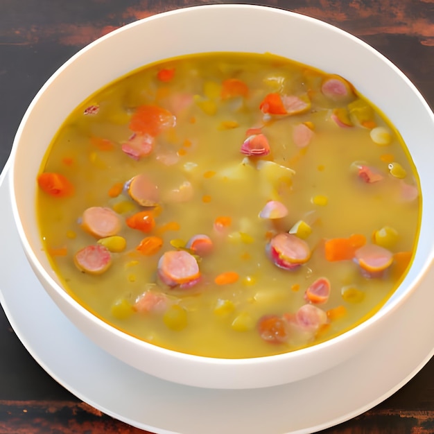 Foto sopa de guisantes verdes con zanahorias patatas apio salchichas carne de cerdo y tocino en un tazón blanco