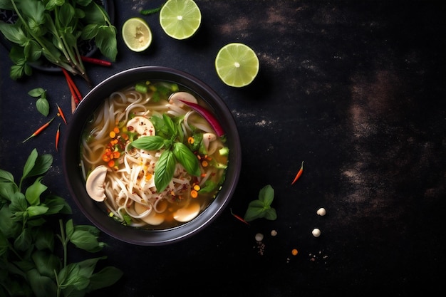 Sopa japonesa fideos fondo comida vegetal comida de cebolla caliente tazón asiático IA generativa