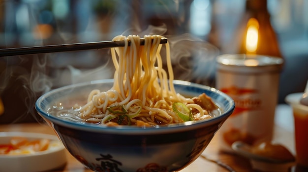 Sopa japonesa de fideos de soja en un cuenco con palillos