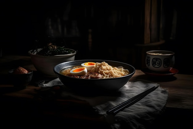 Sopa japonesa de ramen con cebolletas de huevo de pollo y brotes en madera oscura Red neuronal AI generada