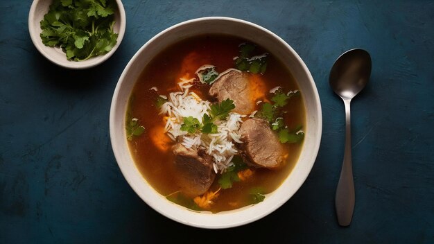 Foto sopa de kharcho con carne y arroz