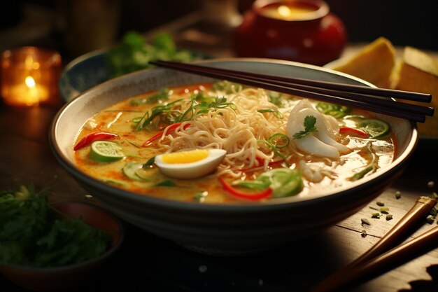 Sopa de laksa malaia con fideos y leche de coco