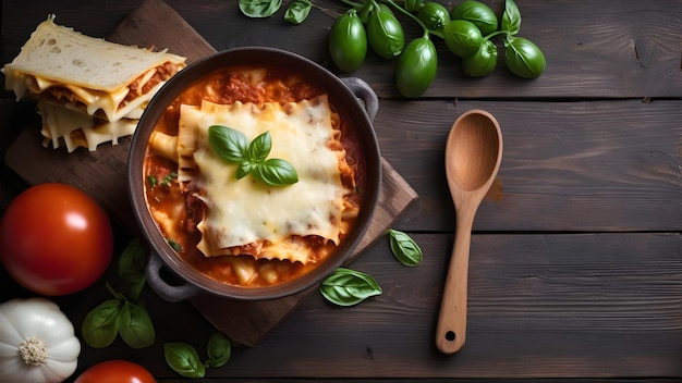 Foto sopa de lasagna casera italiana con carne molida, pasta de tomate, albahaca, ajo y queso