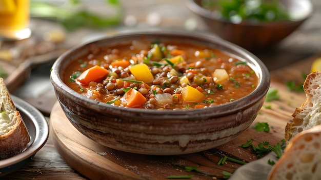 Sopa de lentejas casera en un cuenco rústico