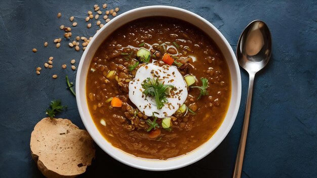 Sopa de lentejas en un cuenco blanco