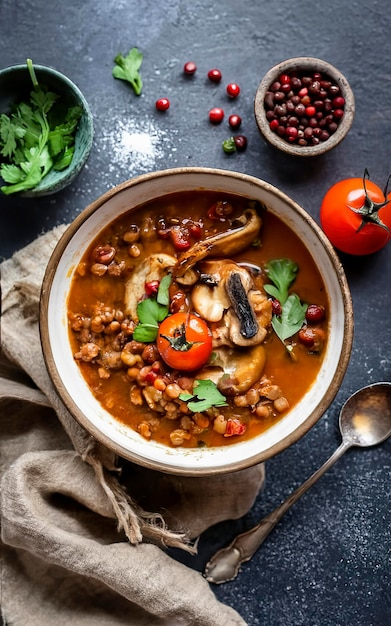 sopa de lentejas rojas con tomates y setas salvajes fritas en la mesa