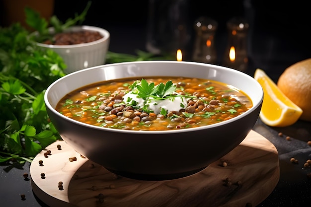 Sopa de lentejas saludable en un tazón blanco