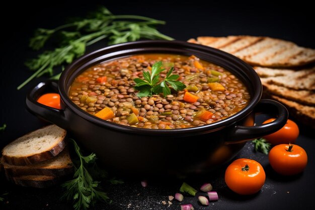 Sopa de lentejas y verduras con pan de granos enteros