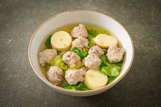 Sopa limpa caseira com tigela de tofu e porco picado