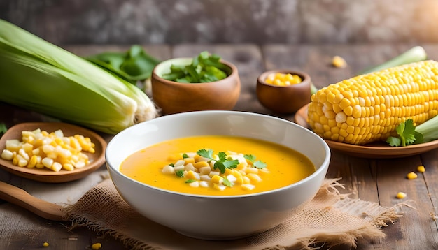 Foto sopa de maíz en un cuenco y maíz dulce en un plato