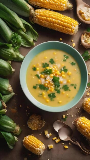 Sopa de maíz en un cuenco verde aislado sobre un fondo blanco