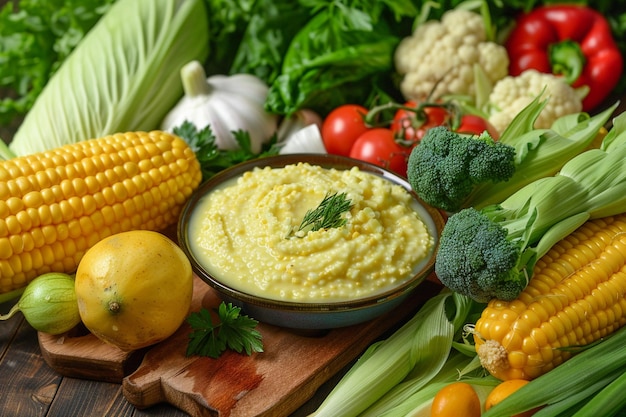 Sopa de maíz saludable y verduras de jardín recién recogidas