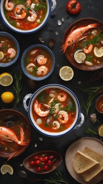 Foto sopa de mariscos sobre un fondo negro