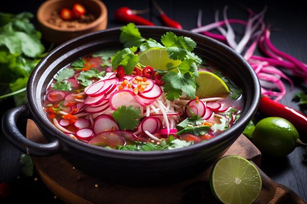 Sopa mexicana de pozole colorida com rabanetos