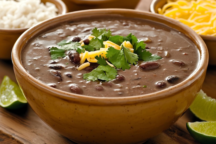 Foto sopa mexicana picante de feijão preto com guarnições aromáticas em uma tigela de cerâmica rústica