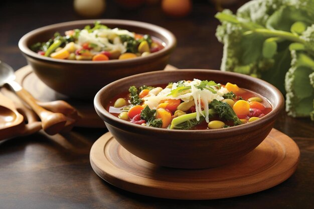 Sopa de minestrone envasada con verduras servida en cuencos rústicos