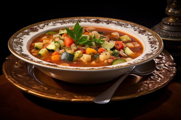 Foto sopa de minestrone en un plato con una cuchara