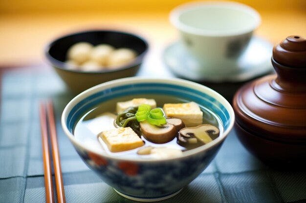 Foto sopa de miso con hongos y bloques de tofu de enfoque suave