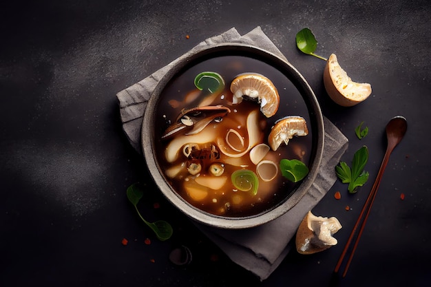 Sopa de miso con setas shiitake sobre cemento gris Generative Ai