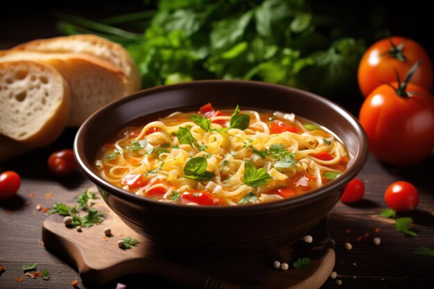 Sopa de pasta vegetariana sobre una mesa de madera