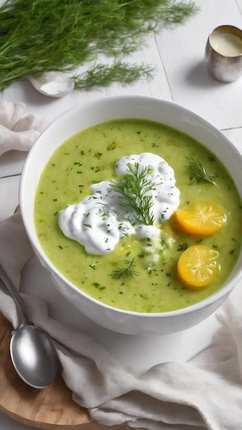 Sopa de pepino frío de verano de Tarator con aceite de oliva de yogur de eneldo en un cuenco blanco en una mesa de madera blanca