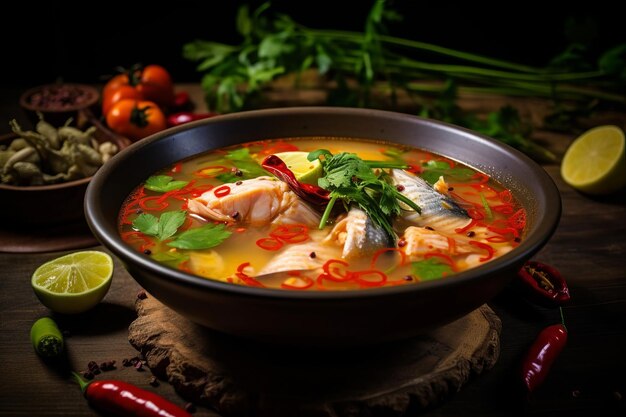 Sopa de pescado con especias de hierba de limón una delicia de la comida callejera tailandesa ardiente