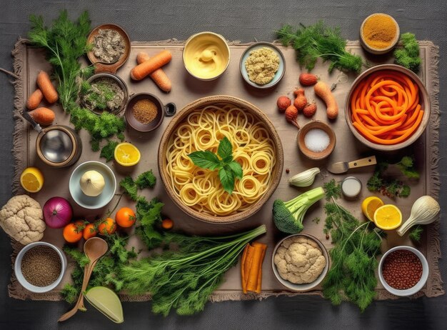 Sopa de pescado fresco en un cuenco en fondo negro vista superior creada con tecnología de IA generativa