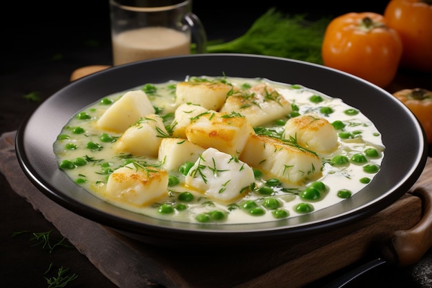 Sopa de pescado con patatas de bacalao y guisantes verdes