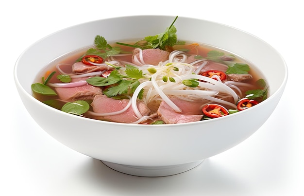 Sopa de Pho Bo Caldo de carne tradicional vietnamita con fideos sopa de Pho asiática sobre un fondo blanco Ilustración generativa de IA abstracta