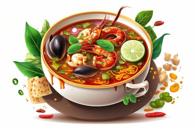 Sopa picante quente tailandesa de Tom Yum Goong no fundo branco